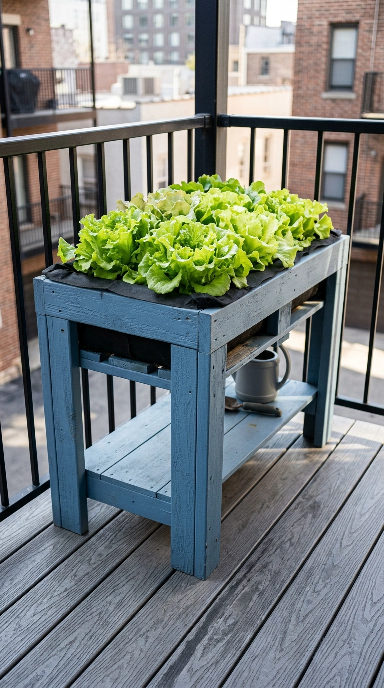 Dusty blue pallet planter table at waist height planted with butter lettuce on an apartment balcony
