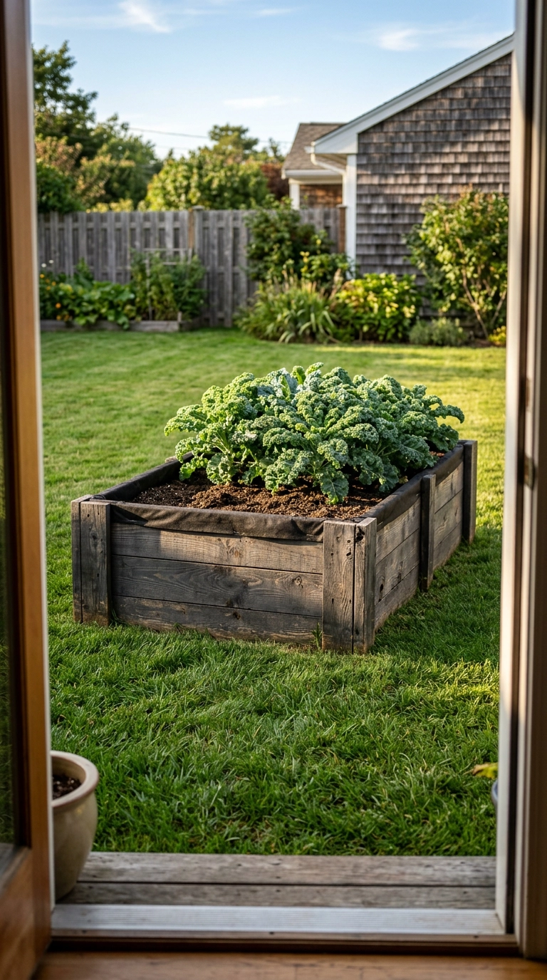 Charcoal-stained pallet raised bed lined with fabric and planted with curly kale on a lawn