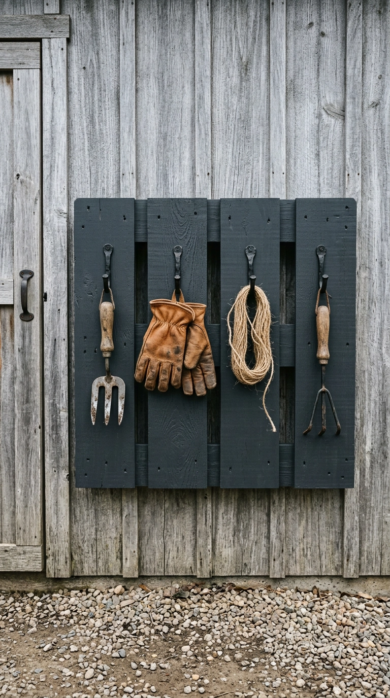 Charcoal painted pallet tool panel with four iron hooks holding hand tools beside a shed door