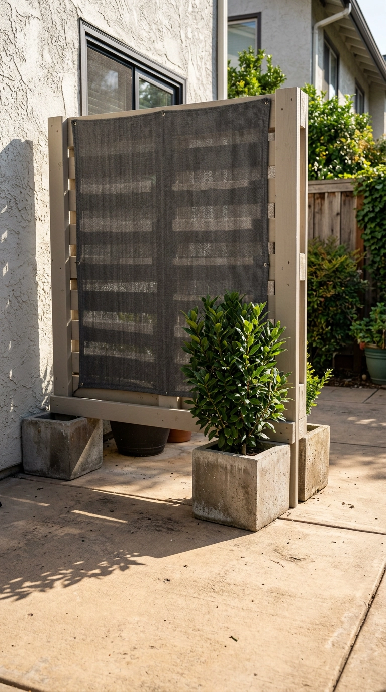 Greige pallet screen with charcoal shade cloth weighted by two concrete planters on a condo patio