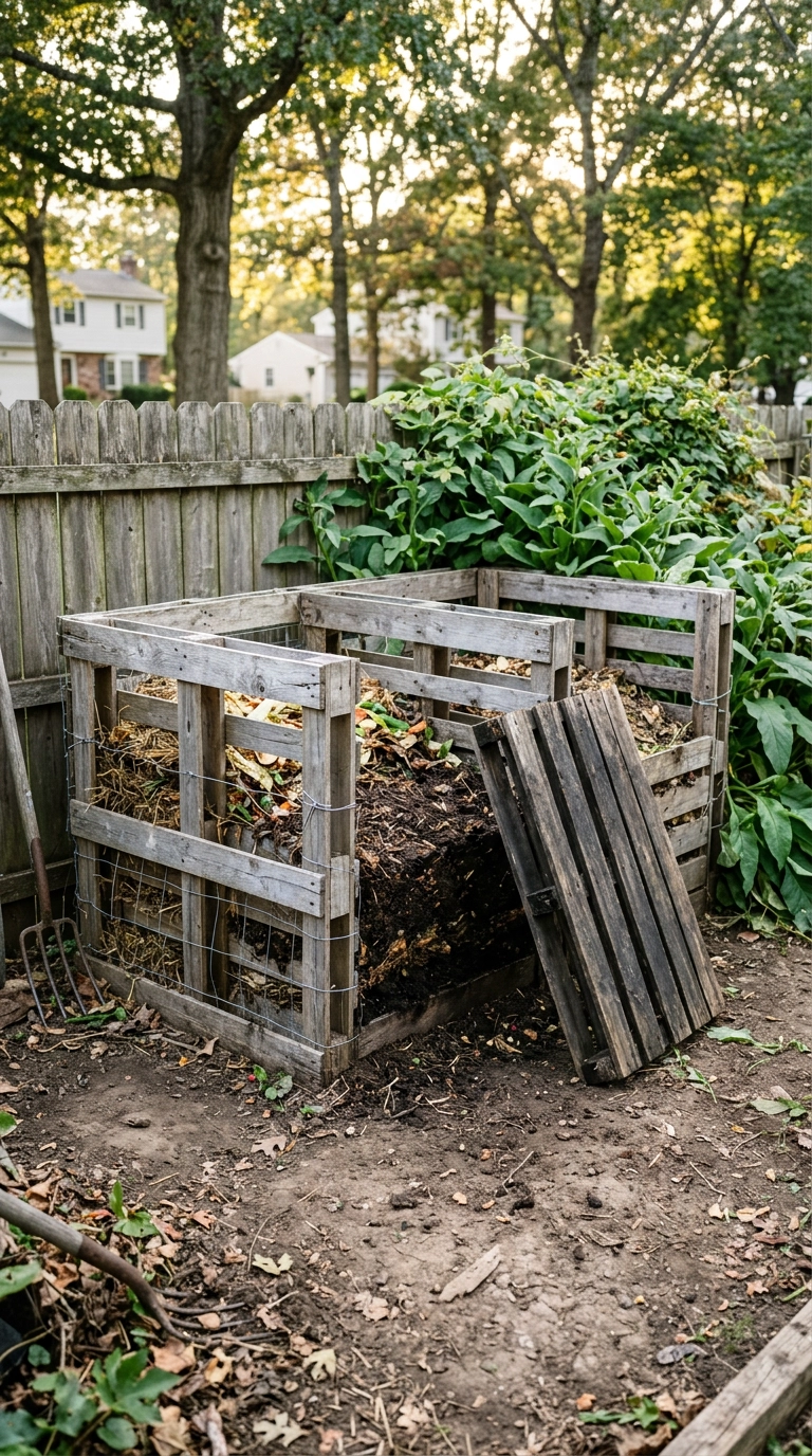 Three-bay weathered pallet compost bin with removable front slats and dark finished compost inside