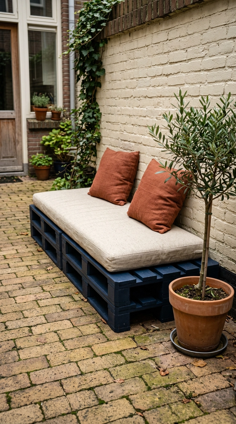 Navy painted stacked pallet bench with oatmeal cushion and two rust pillows in a brick courtyard