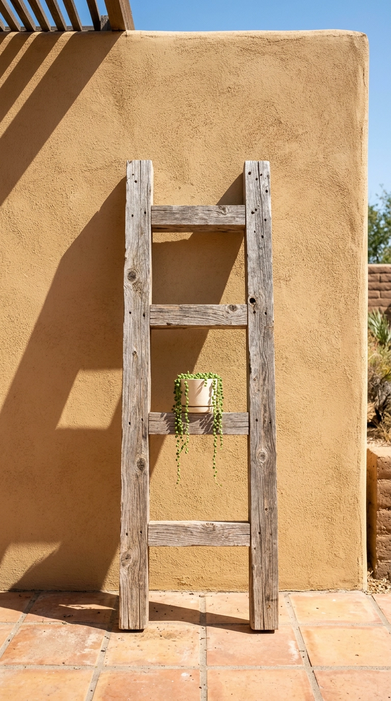 Sun-bleached pallet board ladder plant stand with one trailing succulent leaning on a stucco wall
