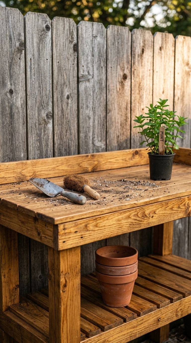 Honey-oiled pallet potting bench with a slatted lower shelf, stacked terracotta pots and a trowel