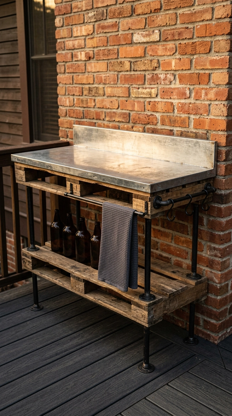 Pallet garden bar station on black iron legs with a galvanized metal top and open lower shelf on a charcoal deck