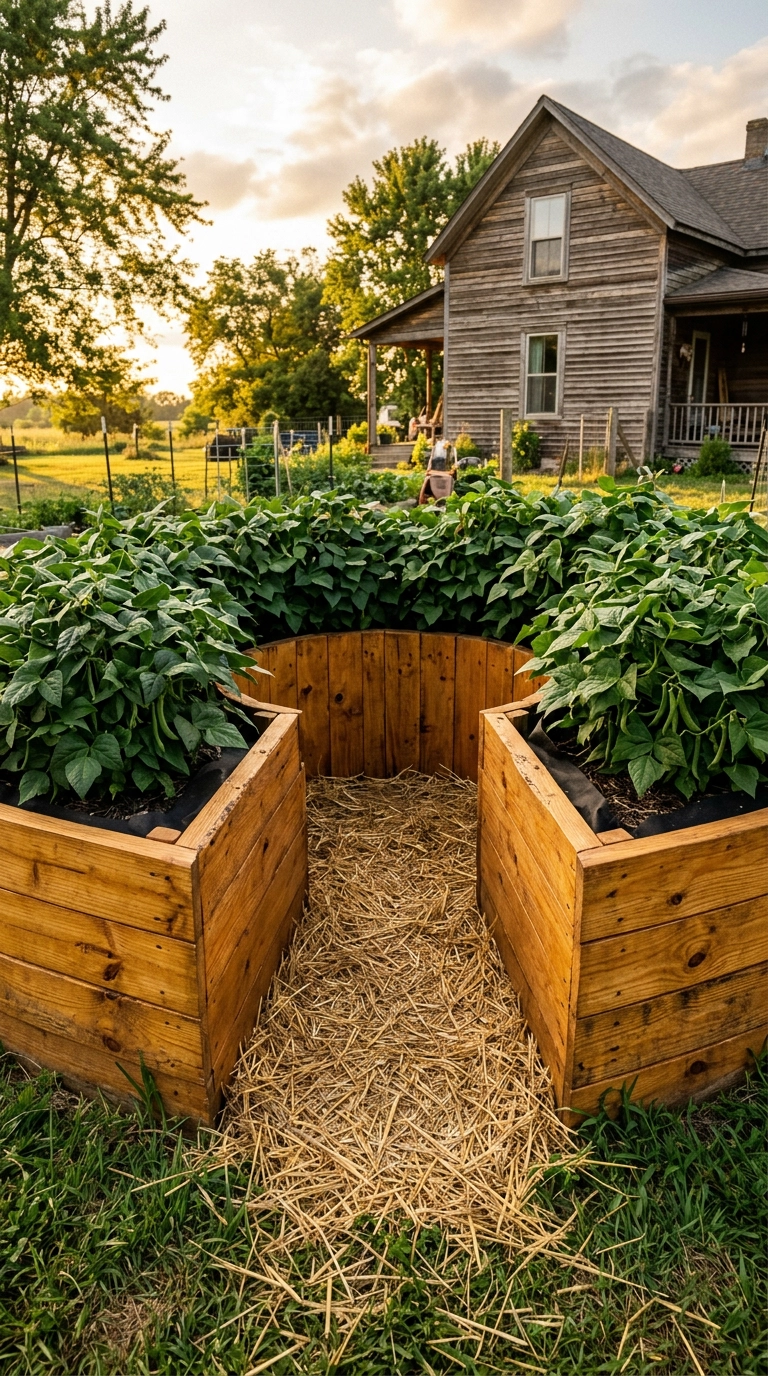 Honey-oiled pallet keyhole raised bed with a standing notch and massed bush beans, straw path leading in