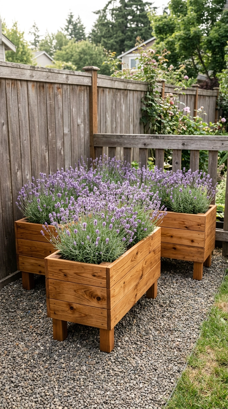 Three sanded honey-toned pallet planter boxes on wooden feet filled with lavender against a cedar fence