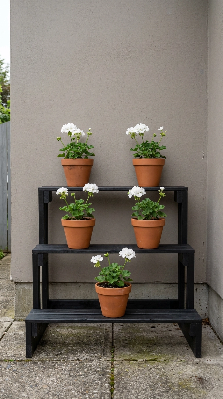 Matte black three-tier pallet shelf holding terracotta pots of white geraniums against a grey wall