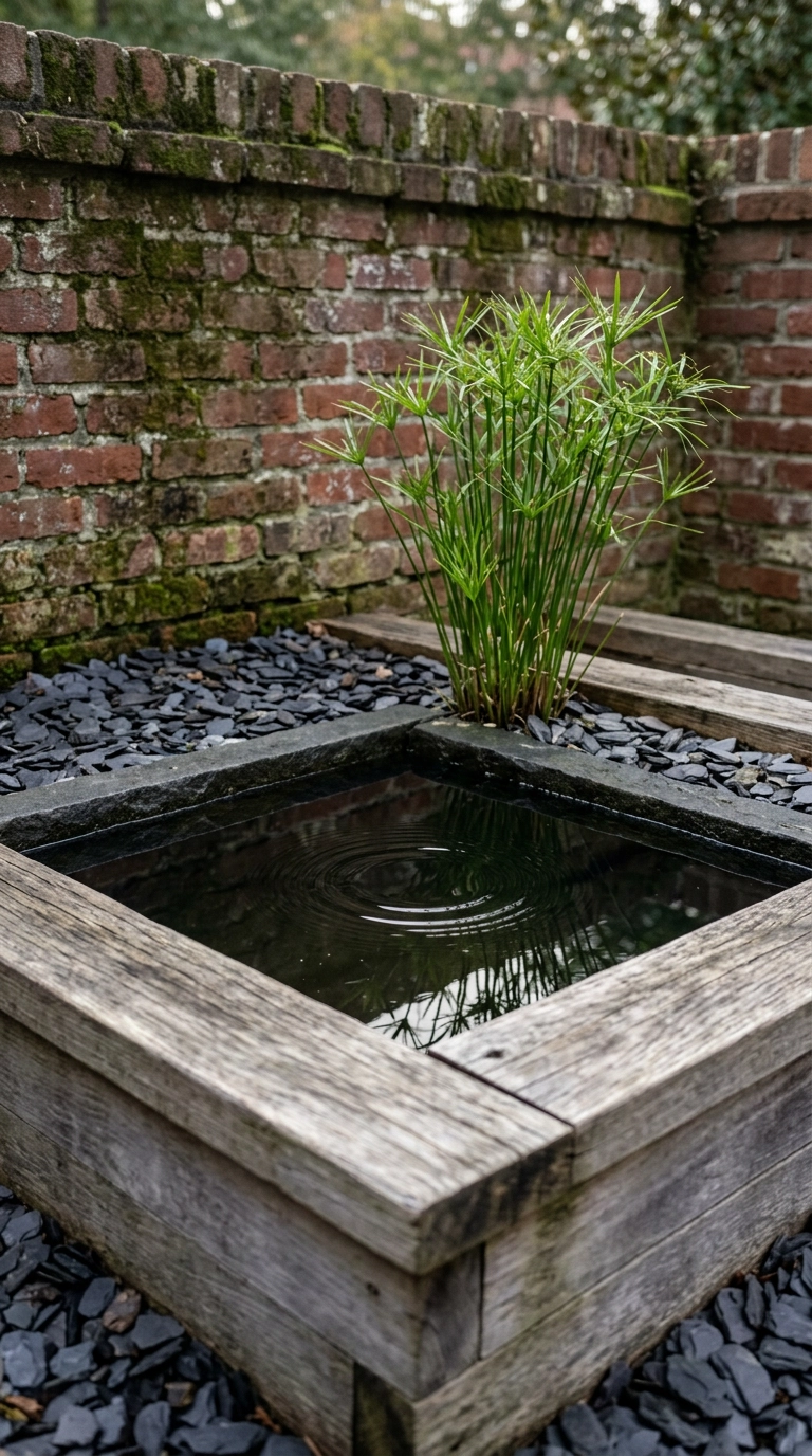 Driftwood grey pallet surround boxing a dark stone water basin with dwarf papyrus in a walled garden