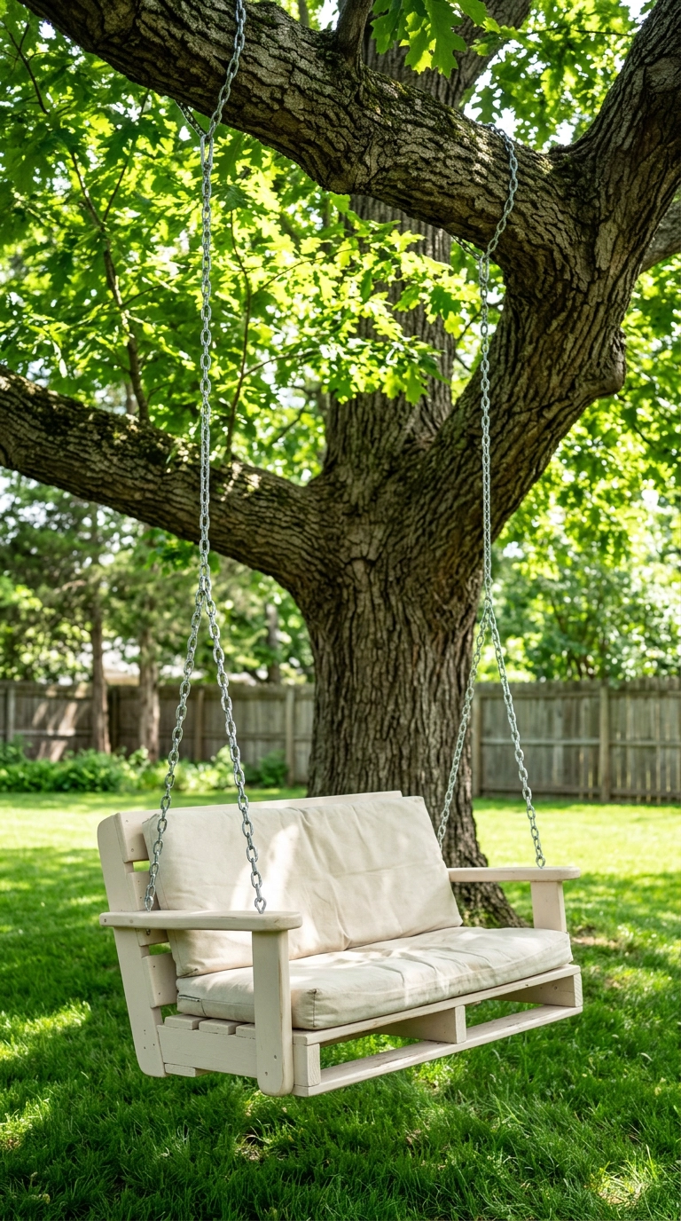 Chalky white pallet swing seat on galvanized chains hanging from an oak tree in dappled morning light