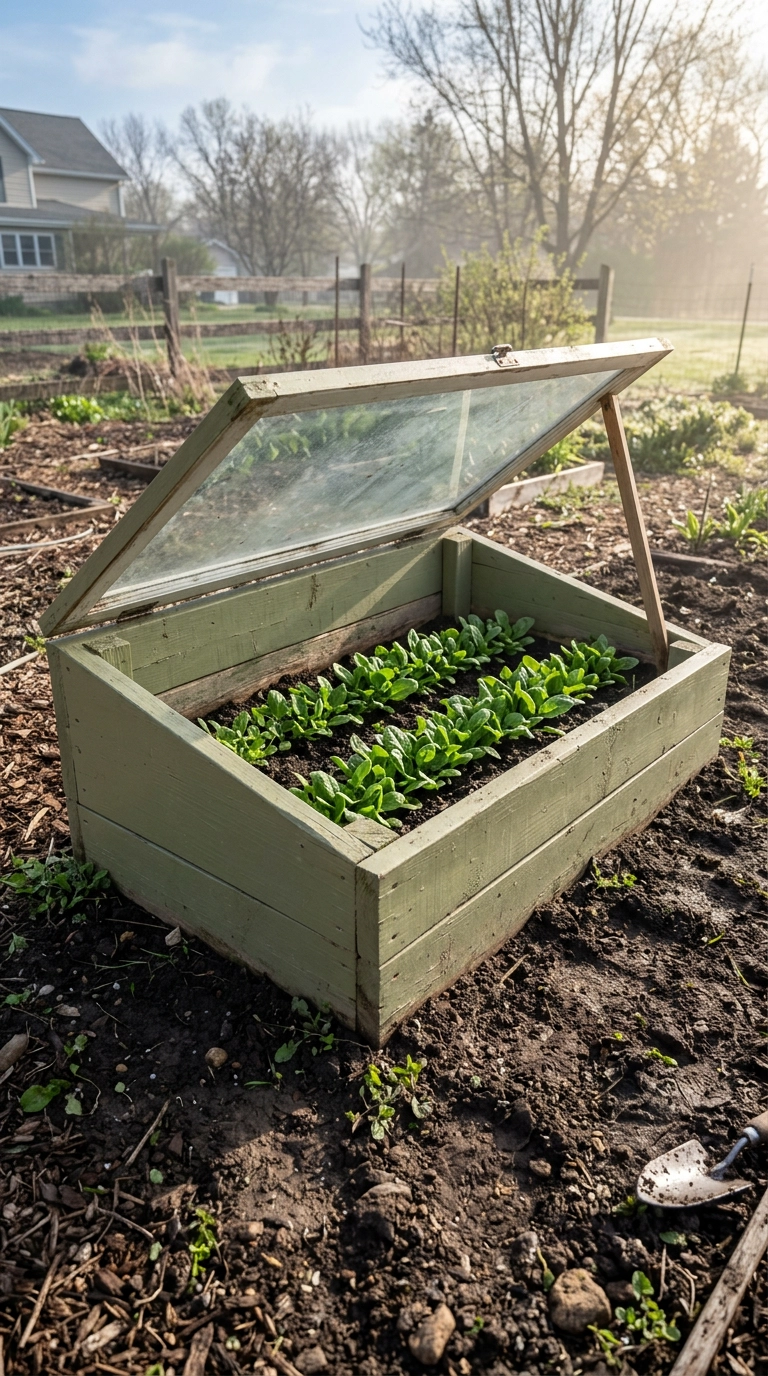 Olive green pallet cold frame with a propped salvaged storm window over young spinach seedlings