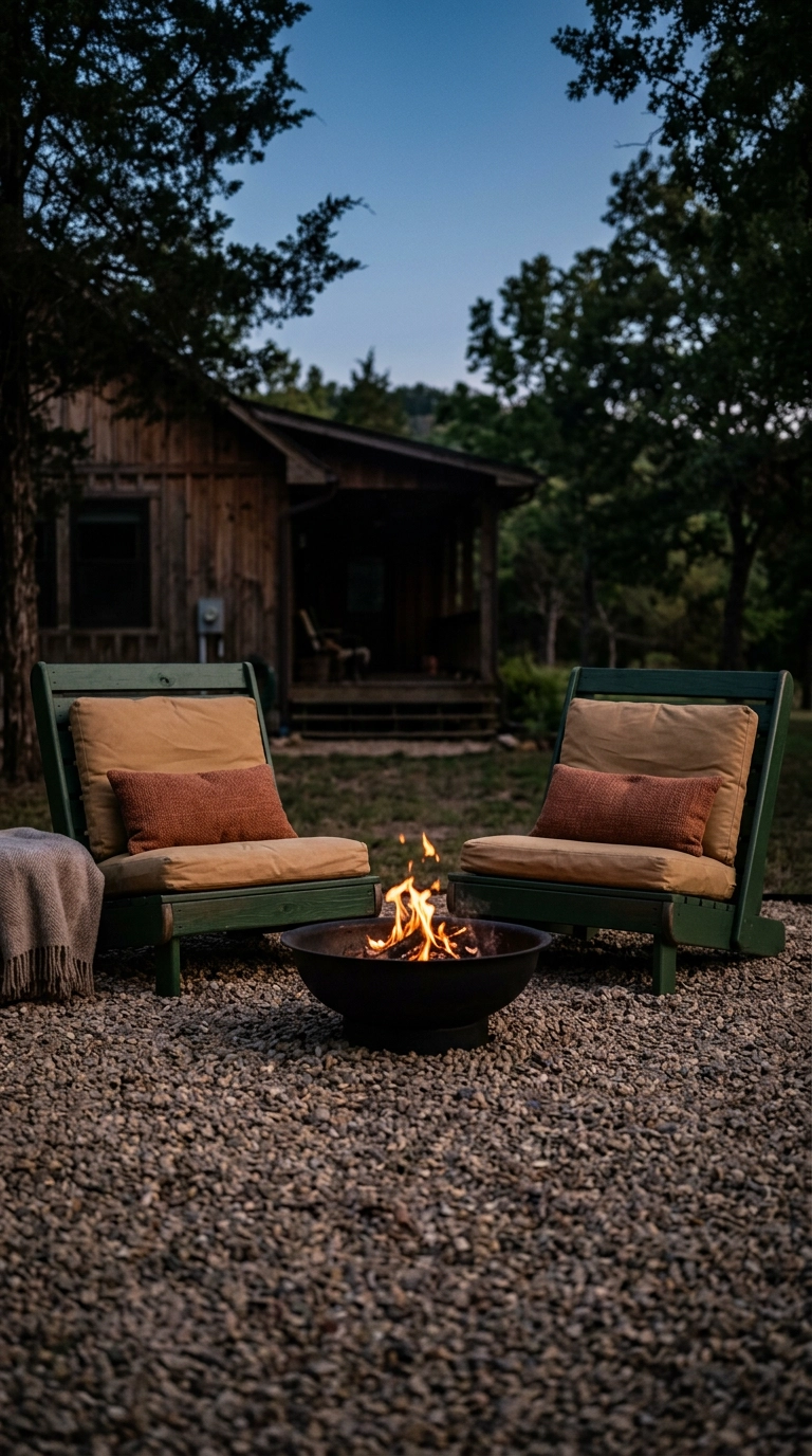 Two forest green pallet lounge chairs with sand cushions facing a low steel fire bowl at dusk