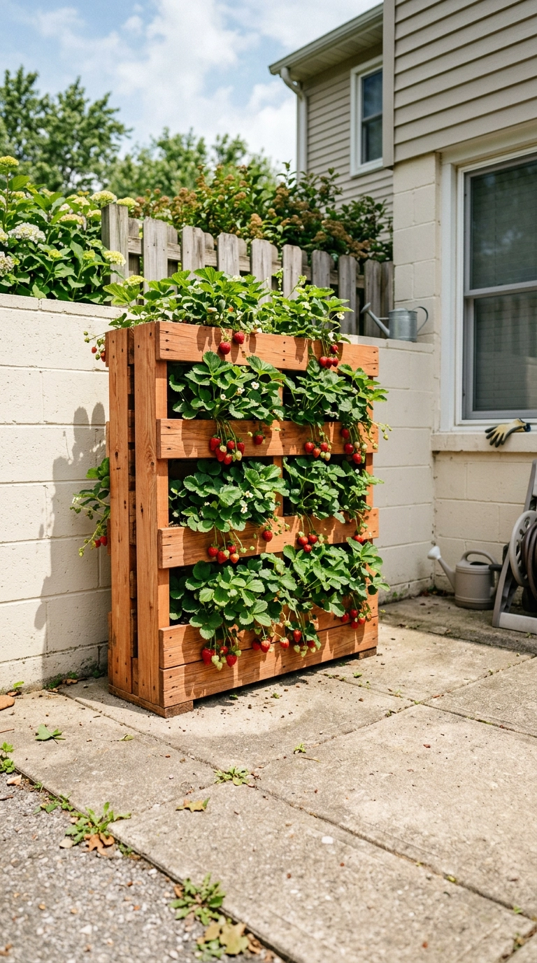 Terracotta-stained pallet tower with deep pockets full of trailing strawberry plants on a patio