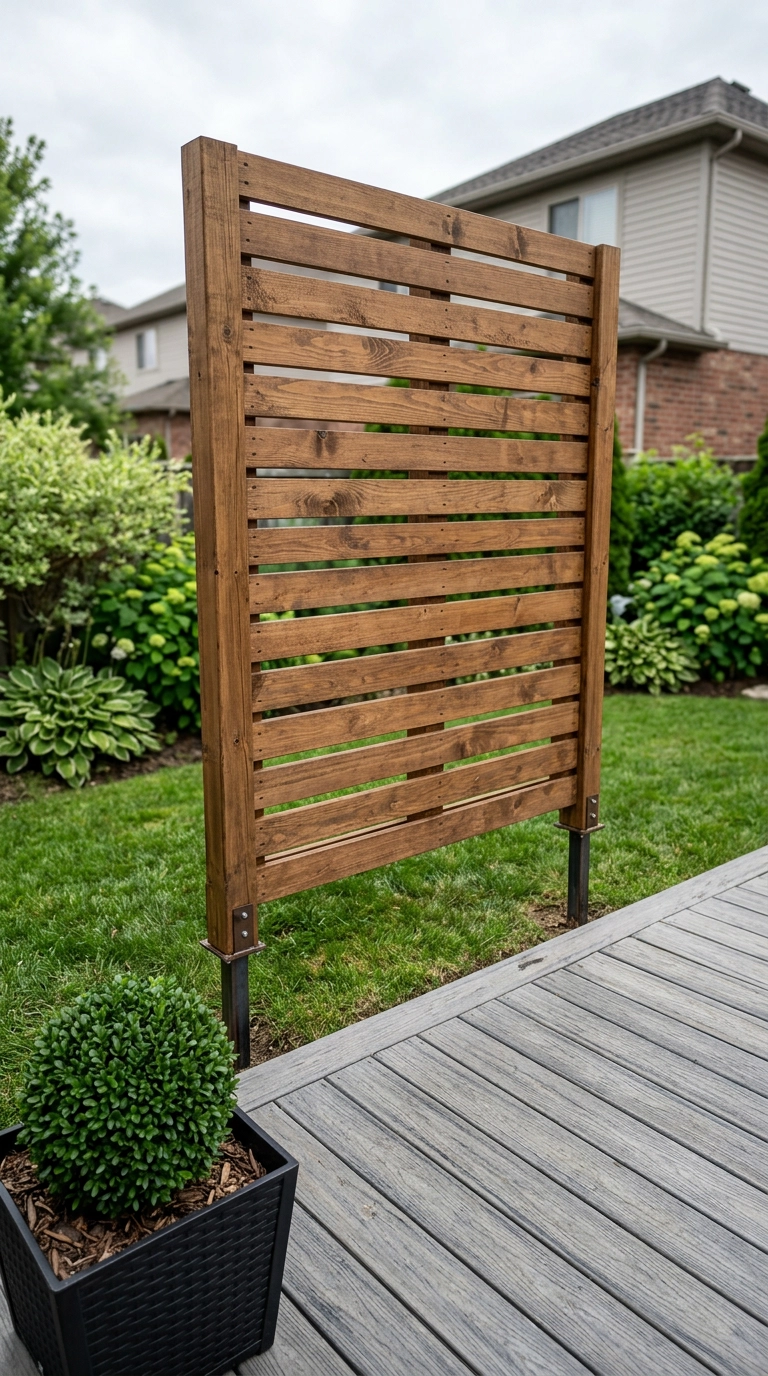 Walnut-stained pallet privacy screen anchored on steel spikes at the edge of a grey deck