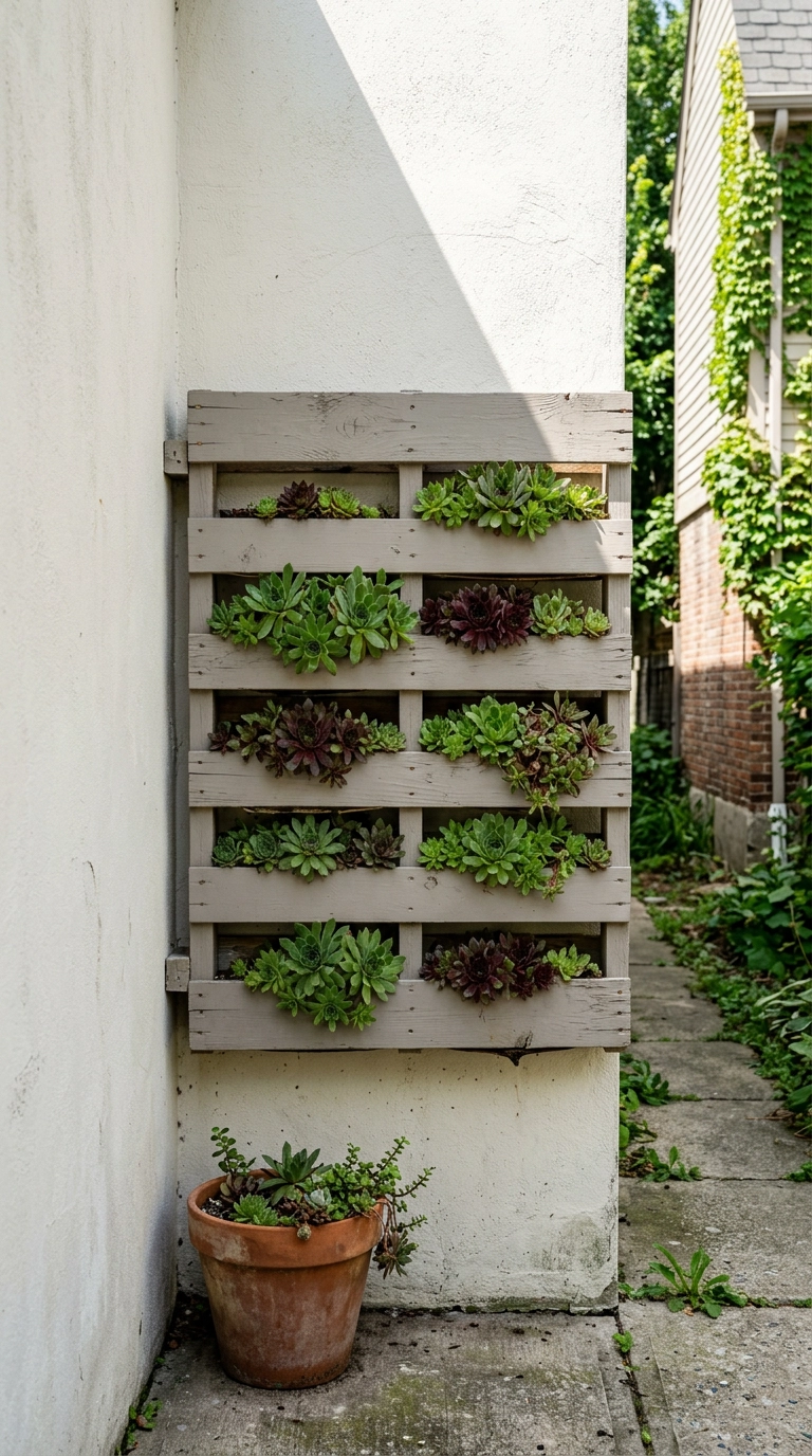 Putty grey painted pallet wall planter filled with succulents mounted on a white stucco wall