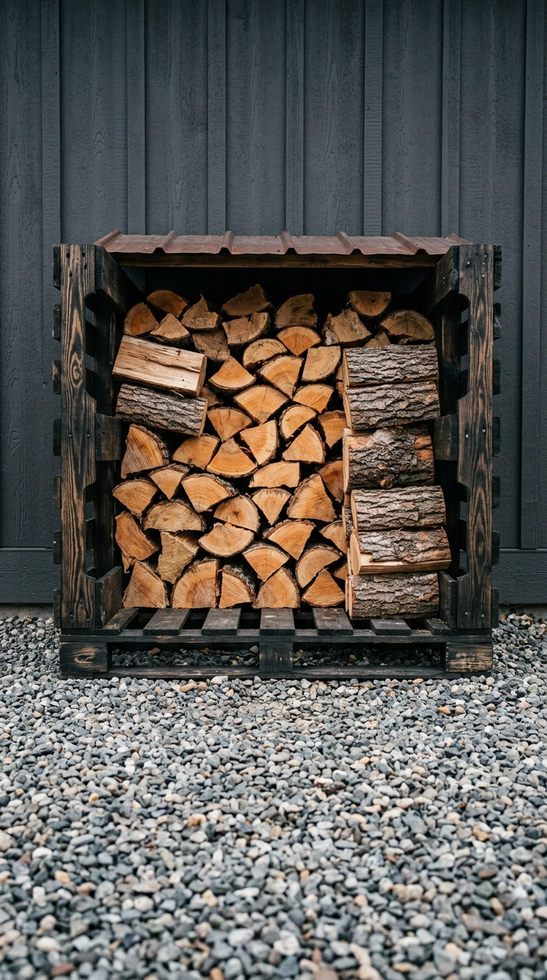 Ebony-stained pallet firewood store with logs stacked on a raised pallet base over gravel