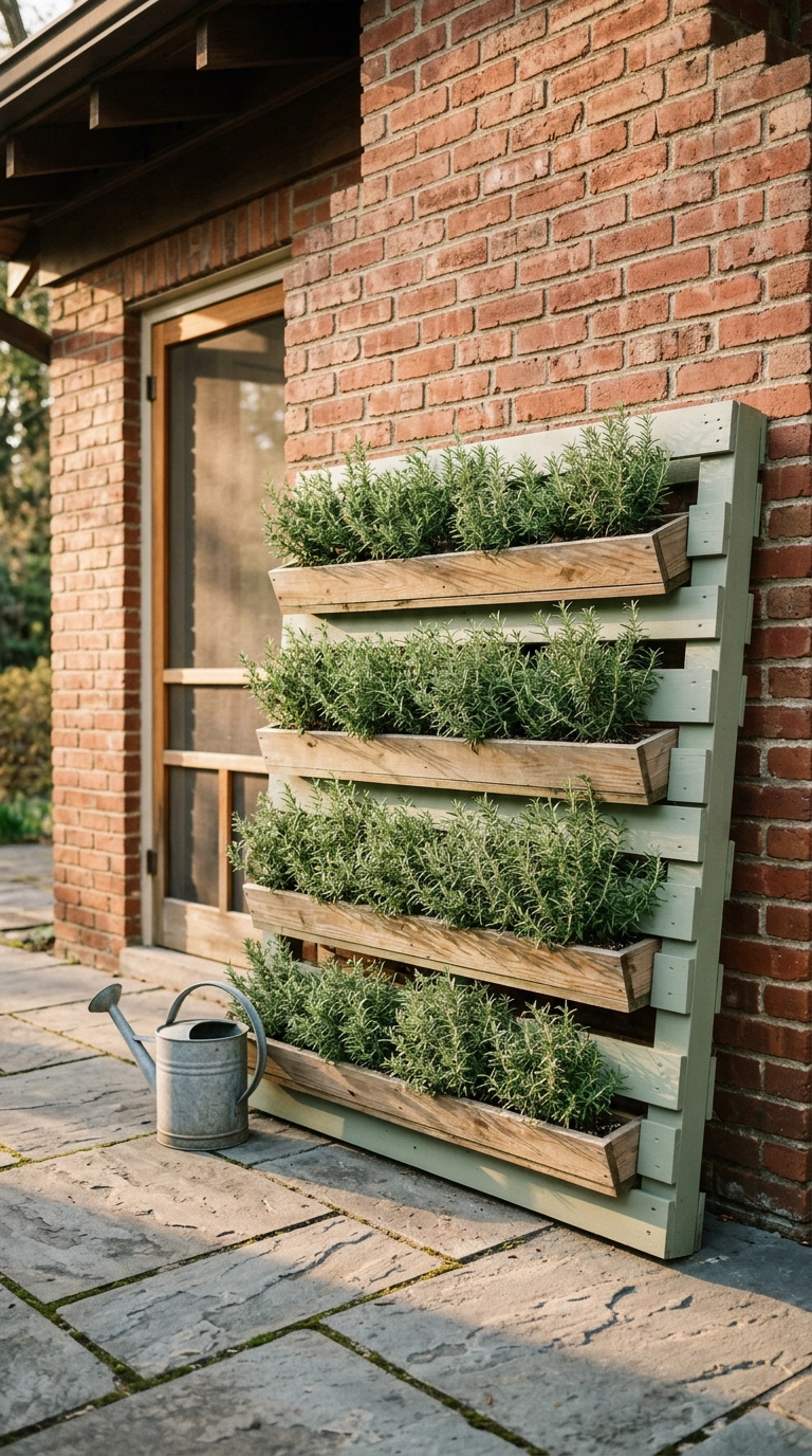 Sage green pallet herb wall planted with rosemary leaning on a brick patio wall