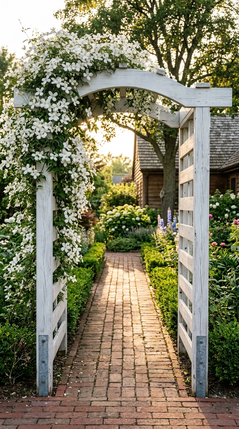 Whitewashed pallet arch anchored on post spikes with white clematis climbing over a brick garden path