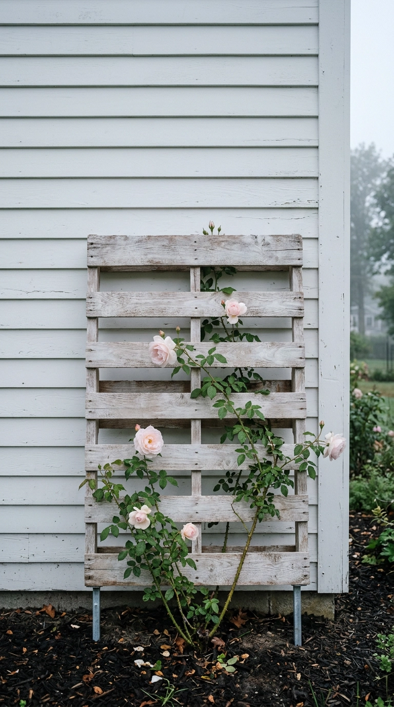 Whitewashed pallet trellis anchored with steel spikes and planted with a pale pink climbing rose