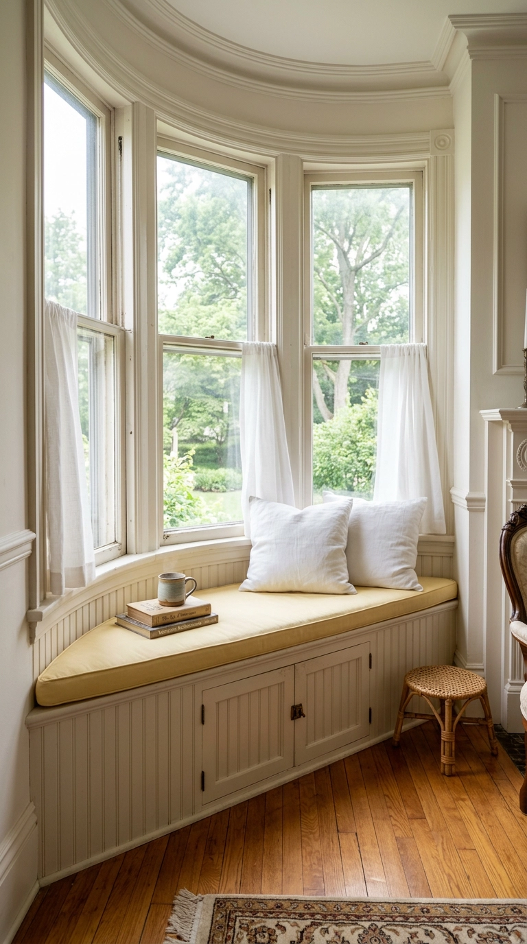 Built-in window seat with a butter yellow cushion in a Victorian parlor bay window