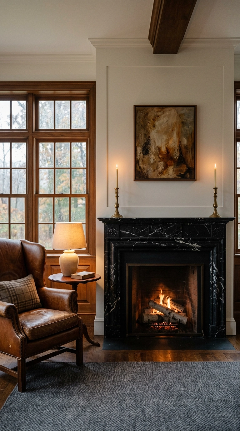 Colonial parlor with a black marble fireplace, leather wing chair and a single abstract painting above the mantel