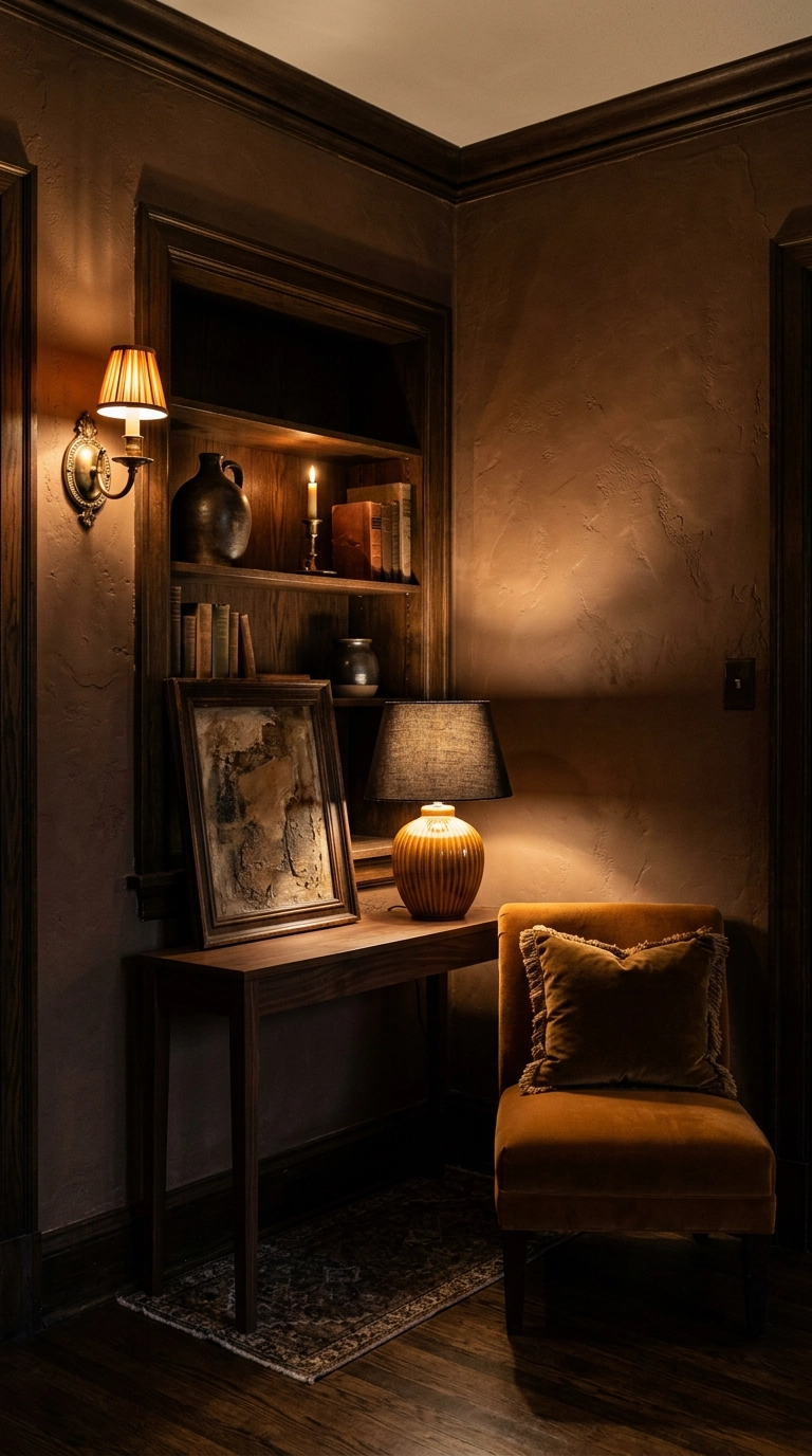 Dark parlor corner lit only by a brass sconce and a ceramic table lamp