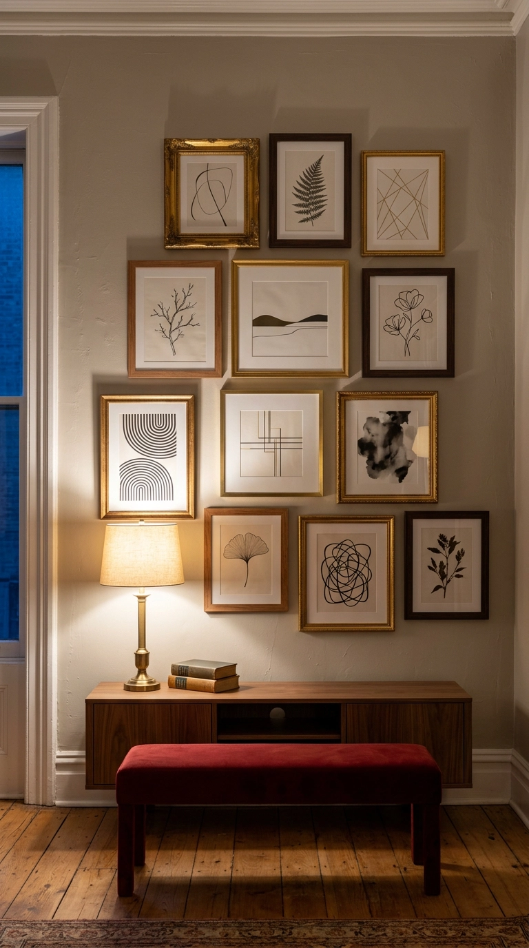 Salon-style gallery wall of eleven framed artworks above a walnut console in a parlor