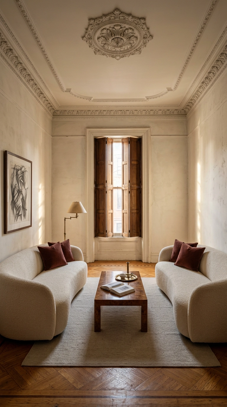 Brownstone parlor with two facing ivory bouclé sofas and a burled wood coffee table