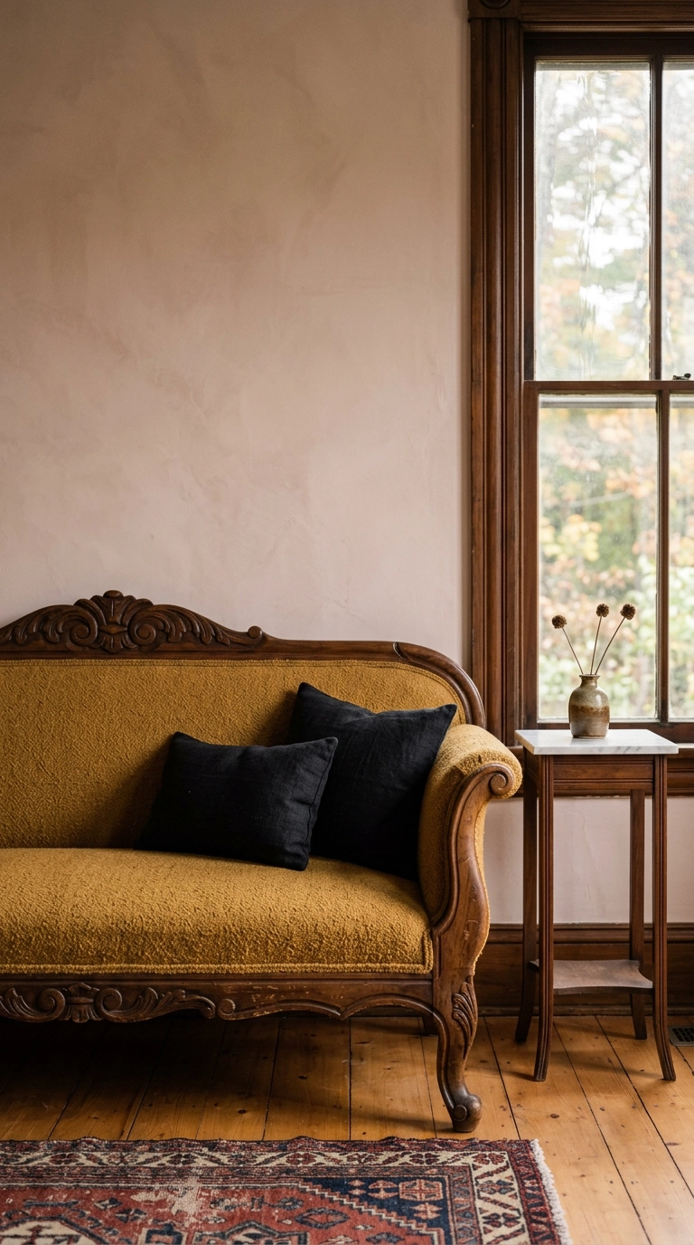 Carved Victorian settee reupholstered in mustard ochre wool in a pink-beige parlor
