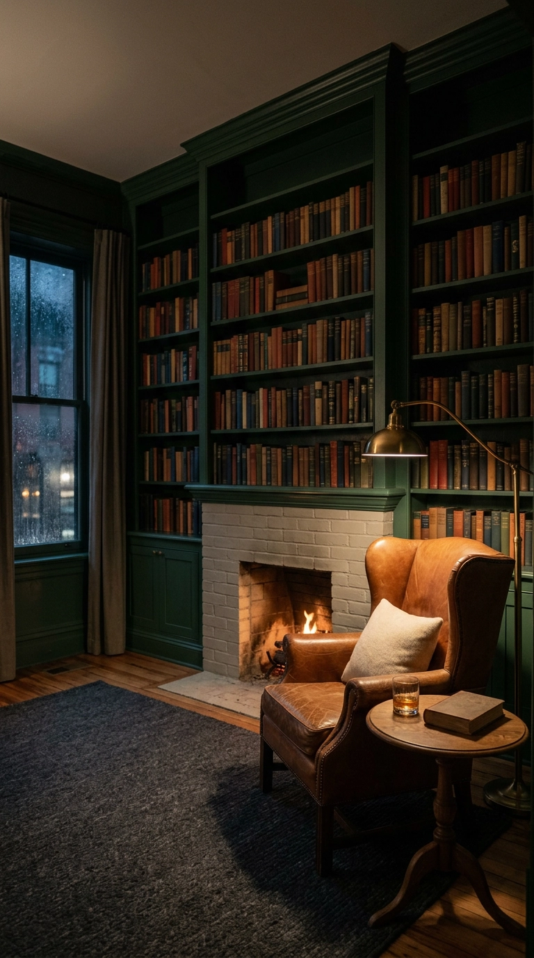 Parlor library with deep green floor-to-ceiling bookcases and a cognac leather wingback chair