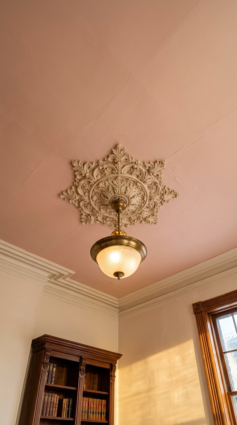 Blush pink parlor ceiling with a decorative plaster medallion and a brass dome light fixture