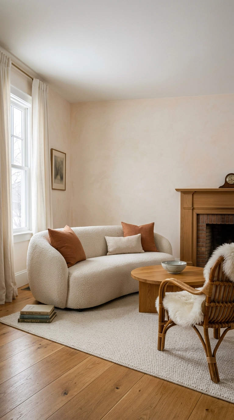 North-facing parlor in warm creamy white with a bouclé sofa and honey oak floors