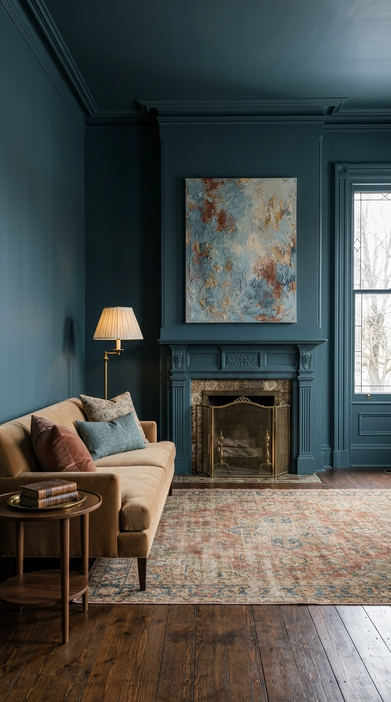 Victorian parlor painted deep blue-green on walls, trim and ceiling with a camel mohair sofa