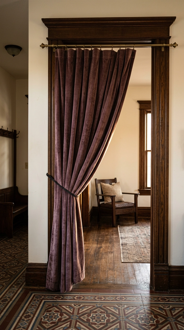 Dusty plum velvet portière curtain hung in the cased doorway of a Victorian parlor