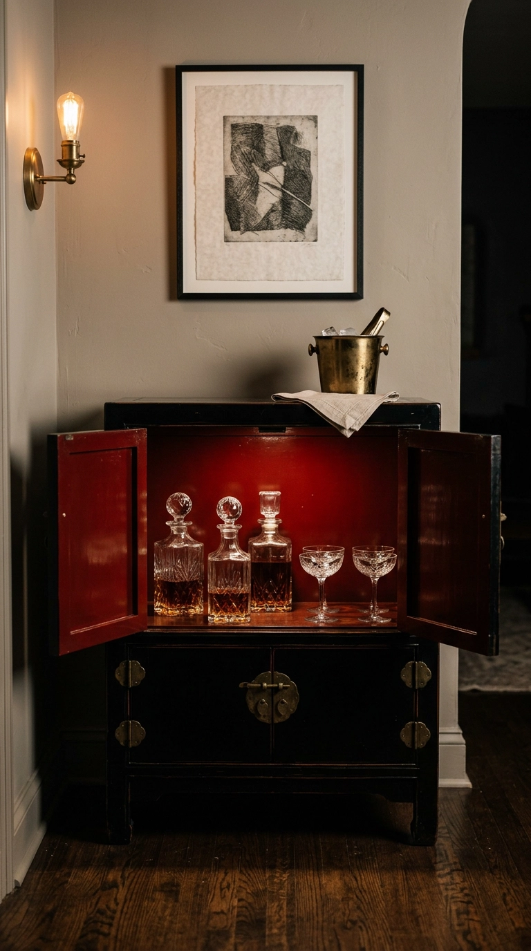 Black lacquered drinks cabinet with a red interior and cut-glass decanters in a parlor