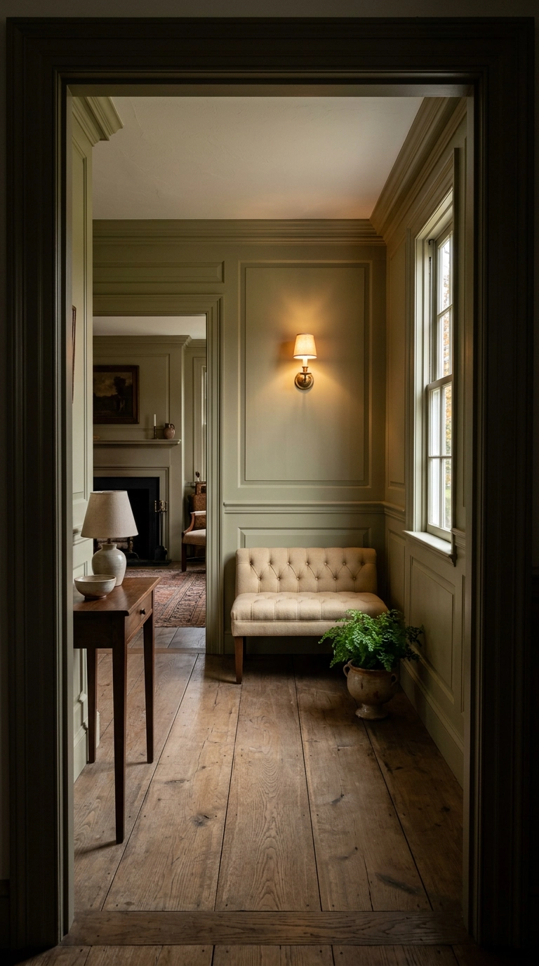 Sage-olive parlor with picture frame wall molding below a chair rail seen through a doorway