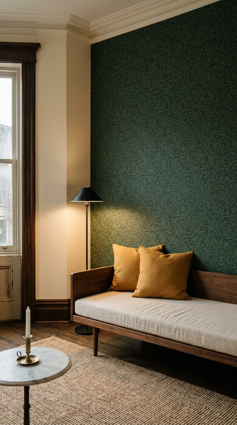 Parlor with one wall of dark green botanical wallpaper behind a walnut daybed