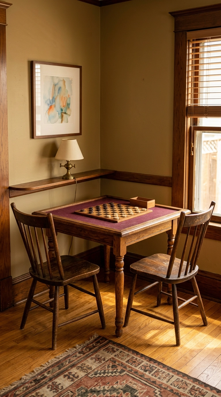 Small felt-topped game table with two spindle chairs in the corner of a Craftsman parlor