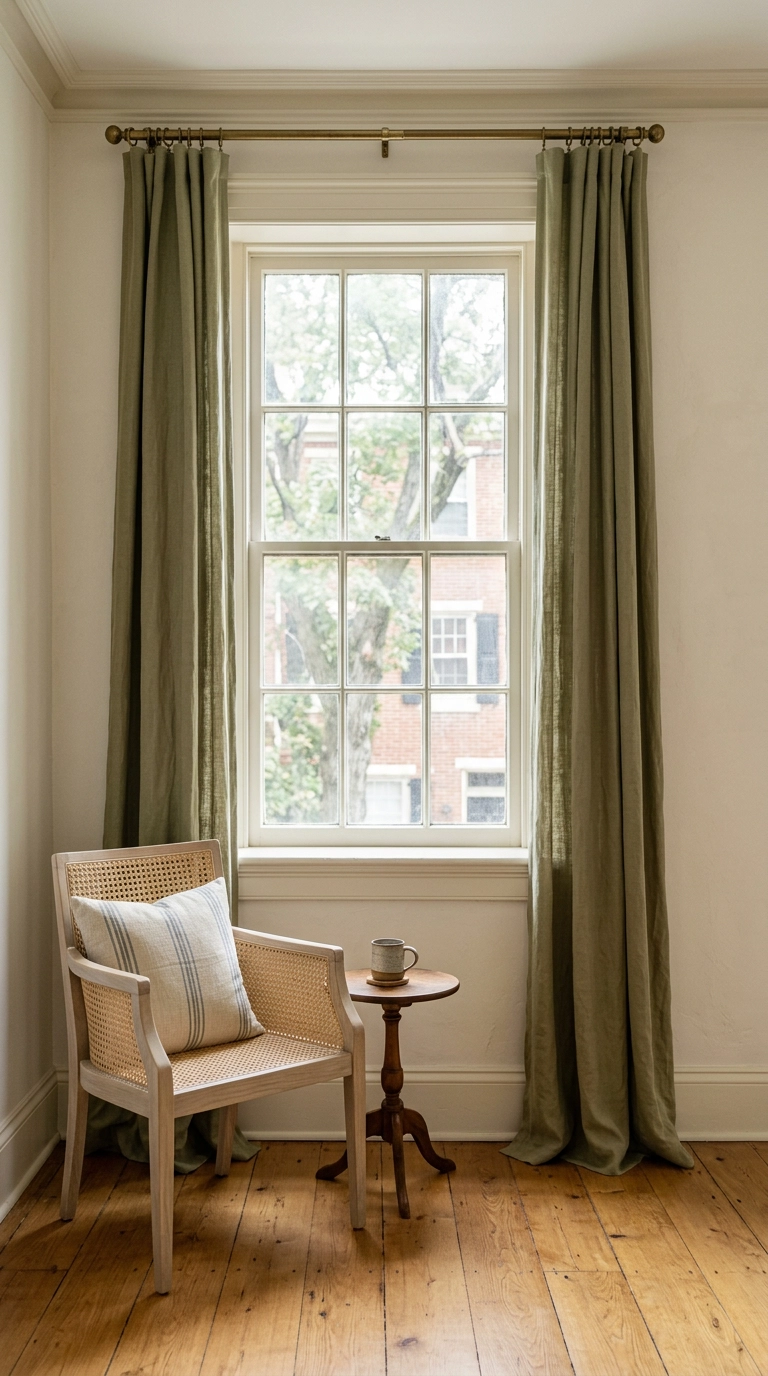Parlor window with olive linen curtains hung from a brass rod near the ceiling