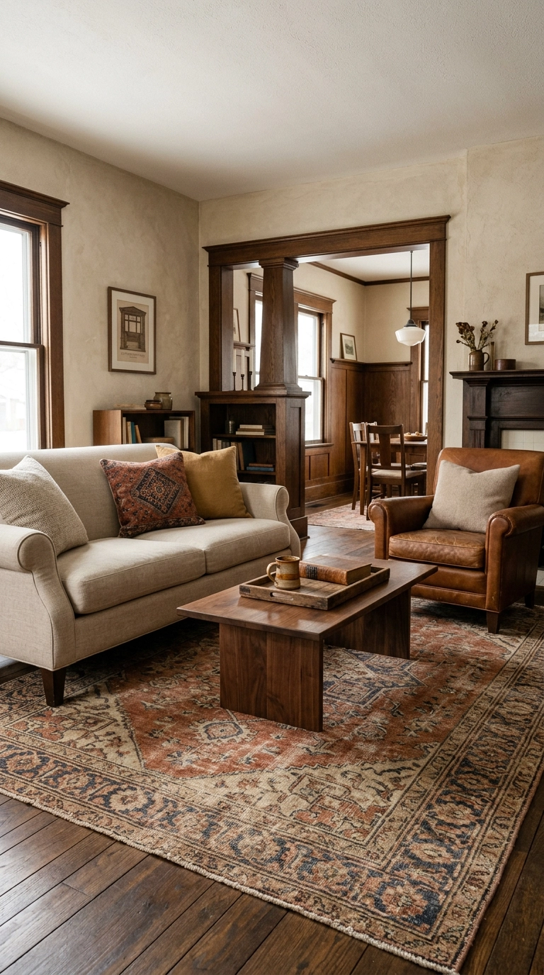 Craftsman parlor with an oversized faded Persian rug under a linen sofa and leather club chair