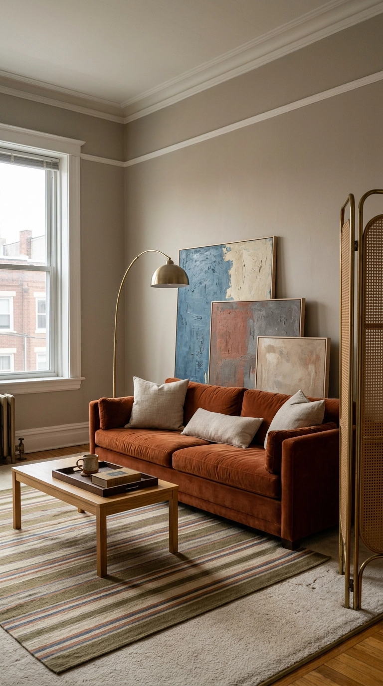 Rented parlor with large artworks leaning on the floor and a rust velvet sofa over layered rugs