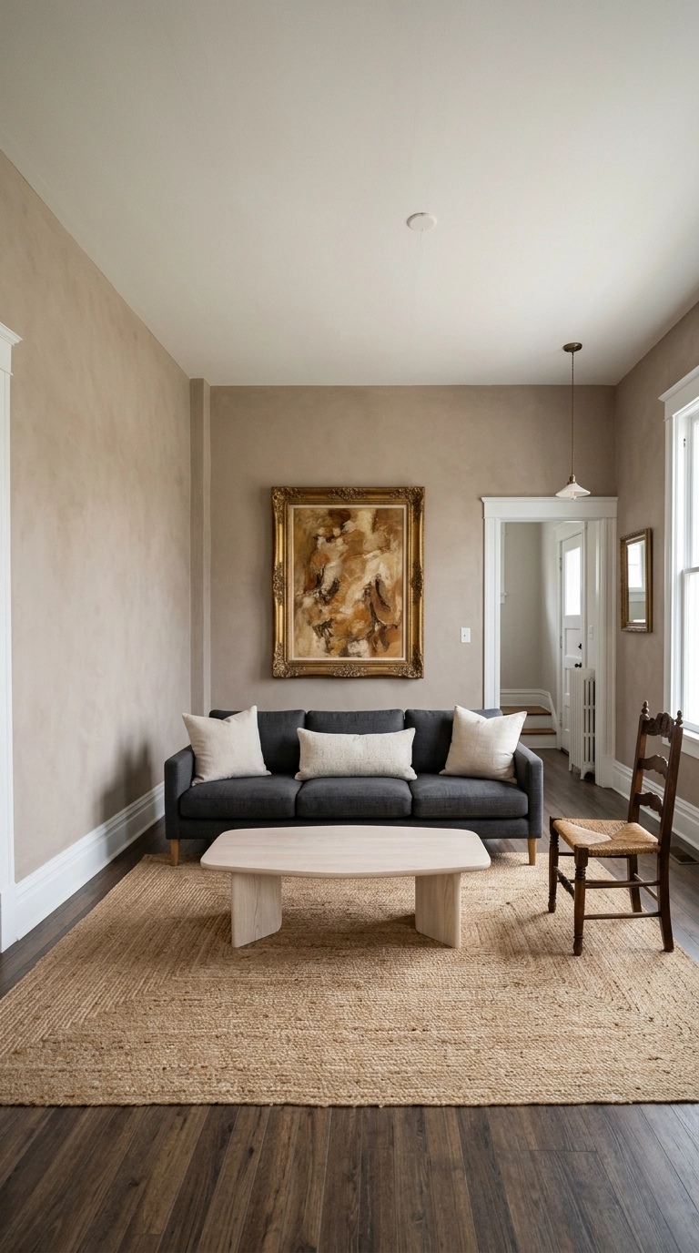 Modern charcoal sofa in a parlor paired with one antique gilt frame and a carved wood side chair