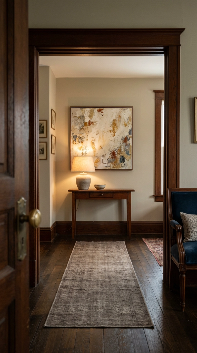 View from an entry hall through a cased opening into a parlor styled with a console and large canvas