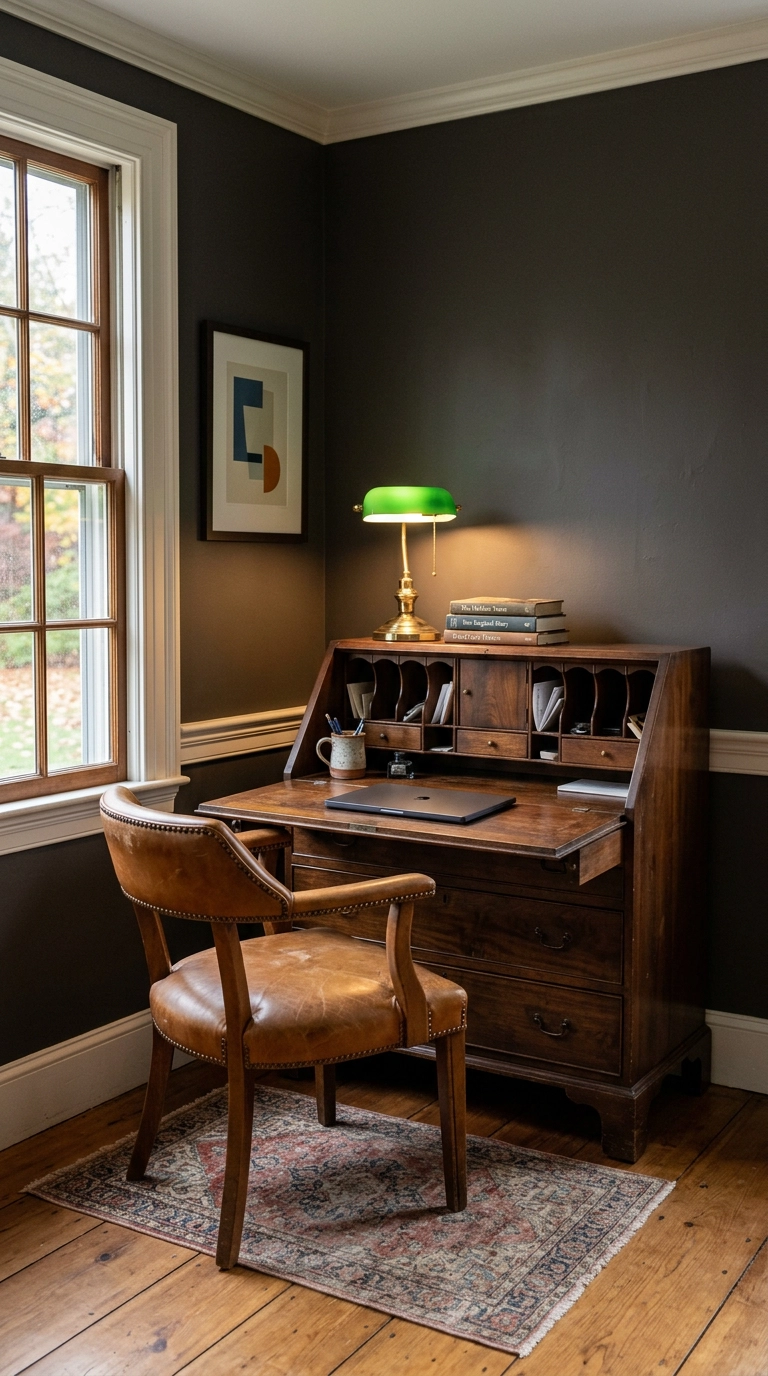 Antique walnut secretary desk used as a home office in a charcoal painted parlor