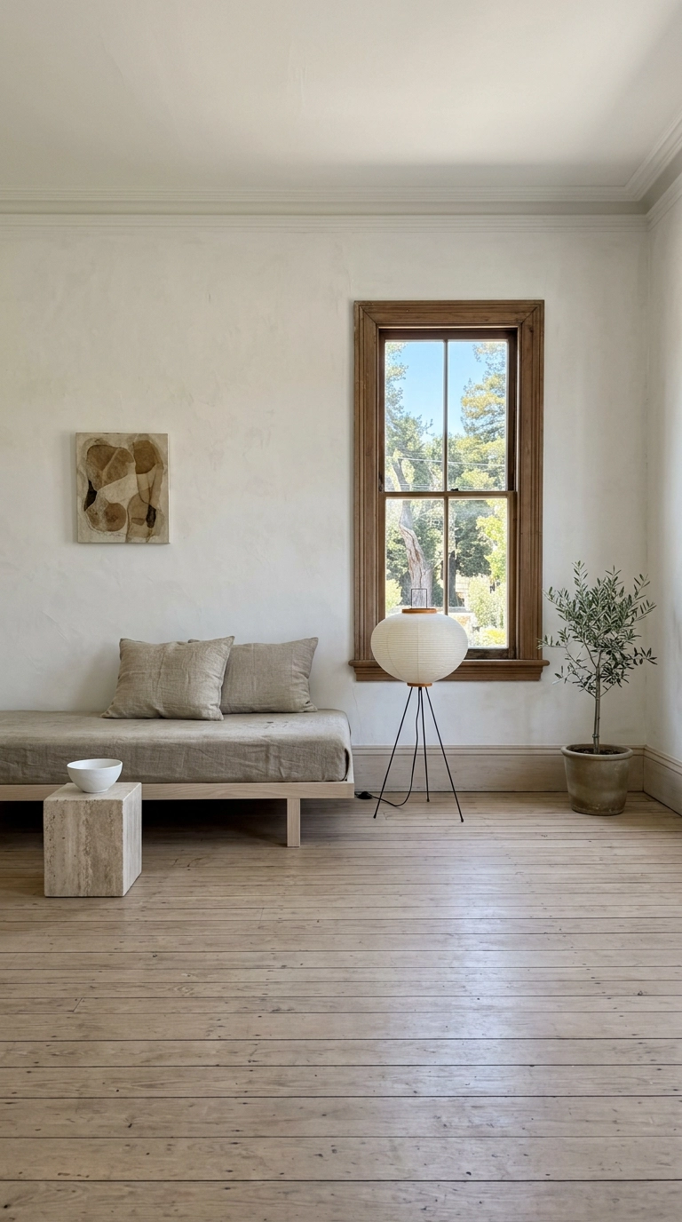 Minimalist parlor with a pale ash daybed, bare floor and an olive tree in a terracotta pot