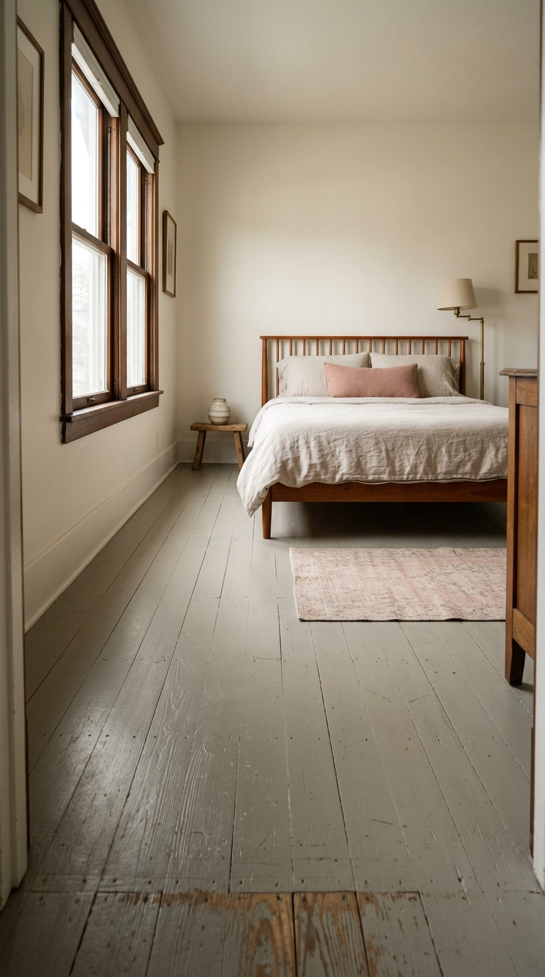Bedroom with chalky putty grey painted floorboards and a faded clay pink wool runner