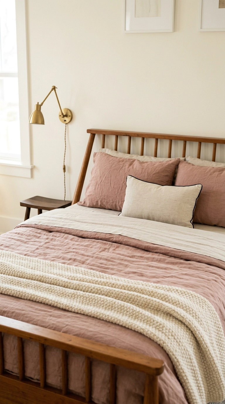 Bed layered with dusty rose linen duvet, oatmeal sheet and cream knit throw