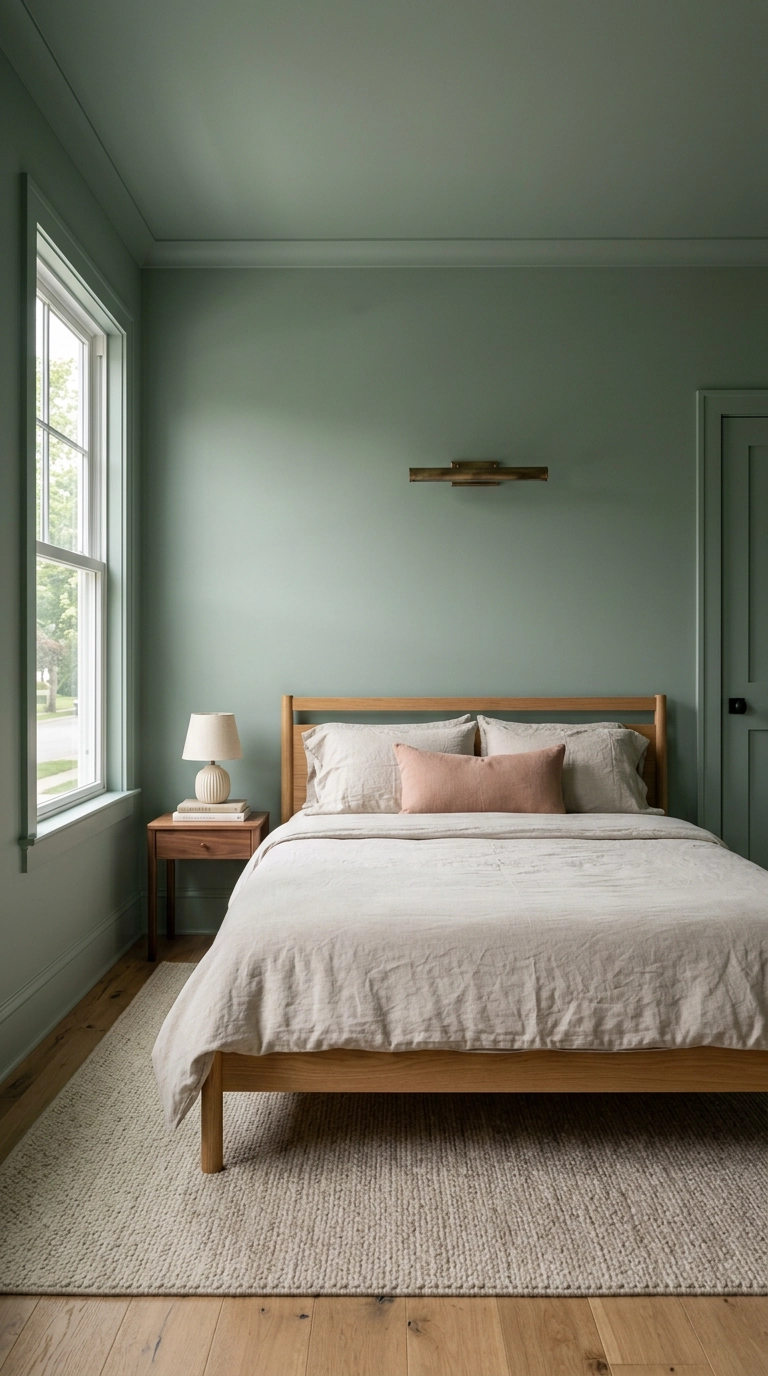 Bedroom with dusty sage green walls, trim and ceiling, white oak bed and oatmeal linen bedding