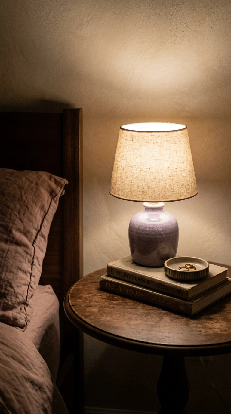 Bedside table with a muted lilac ceramic lamp, two books and a small stoneware dish