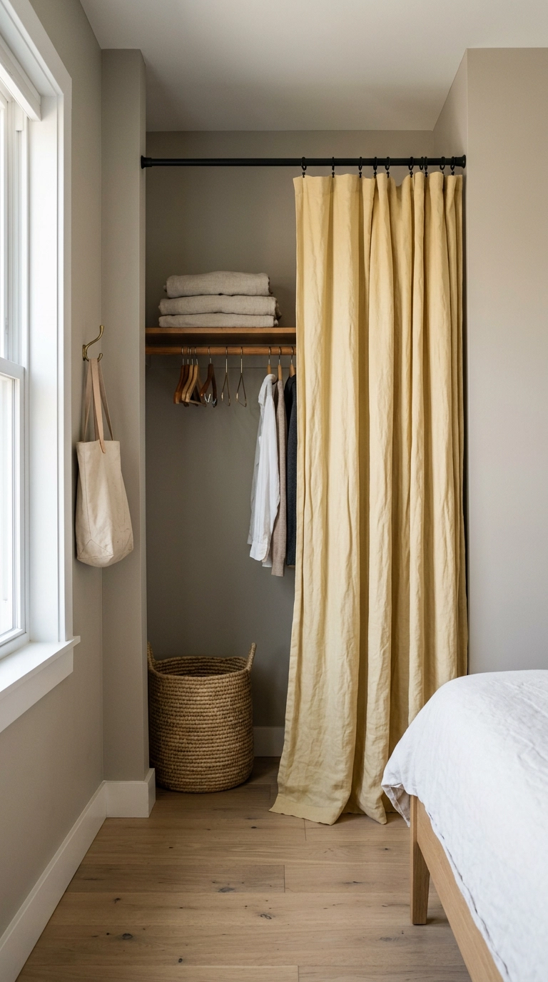 Closet alcove curtained with butter yellow linen on a black tension rod